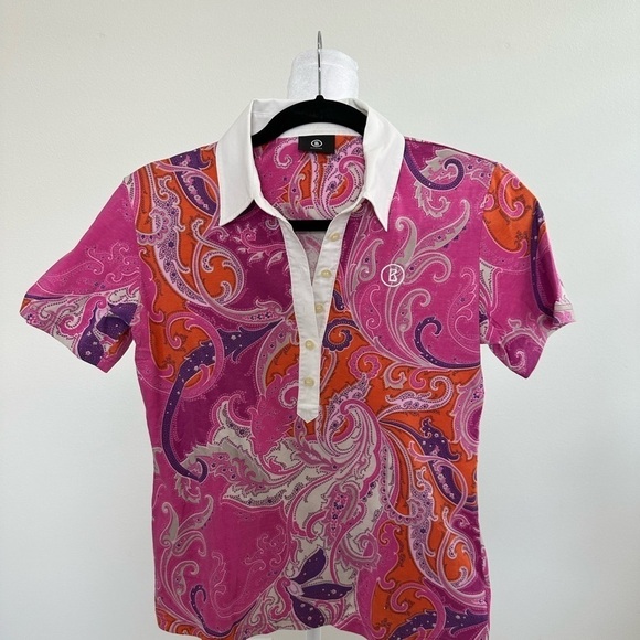BOGNER. COLLARED Short sleeve Golf Shirt Size S Pinks and orange Leafy design - Picture 1 of 5